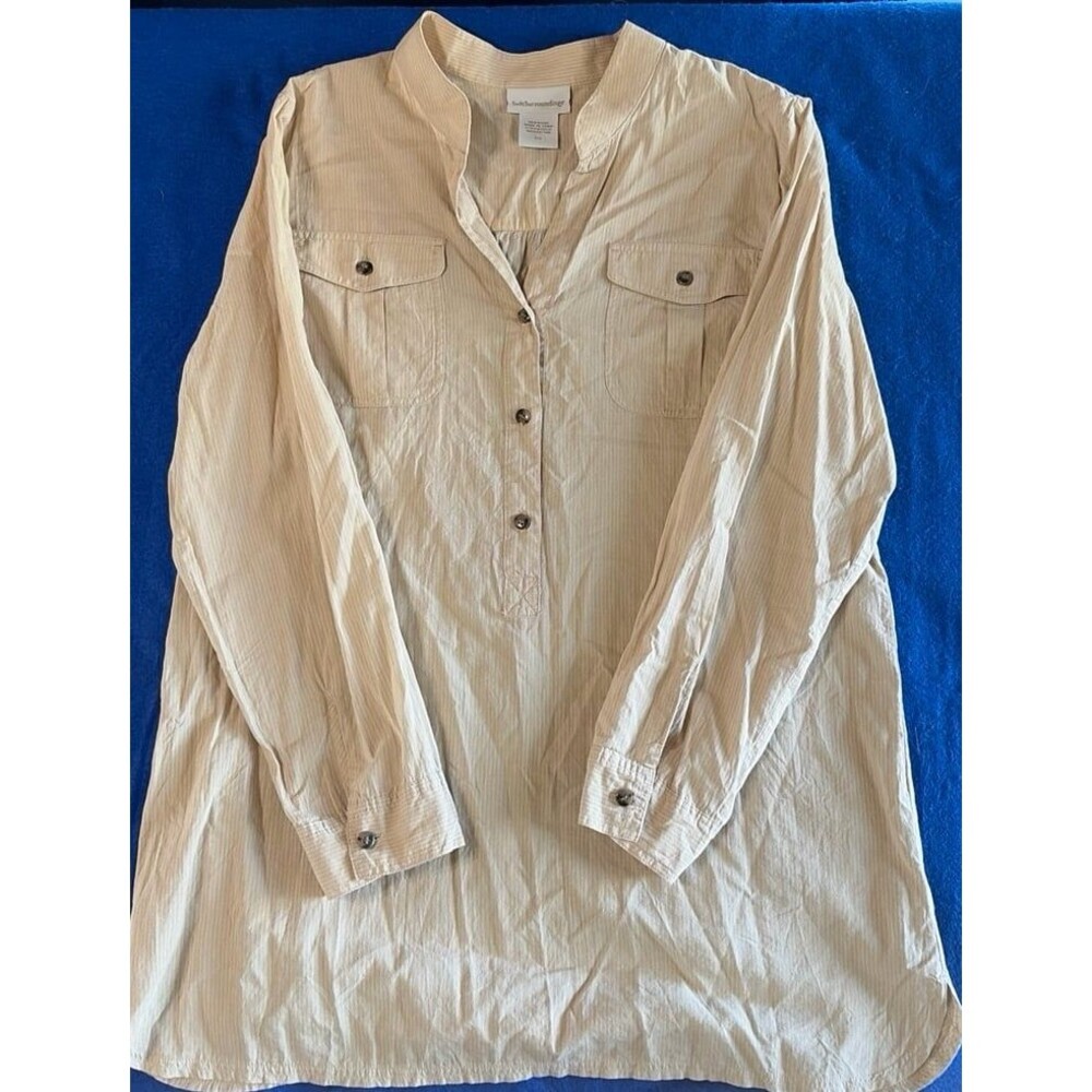 Soft Surroundings Petite Small 100% Cotton Button Front Shirt Beige Striped Tuni